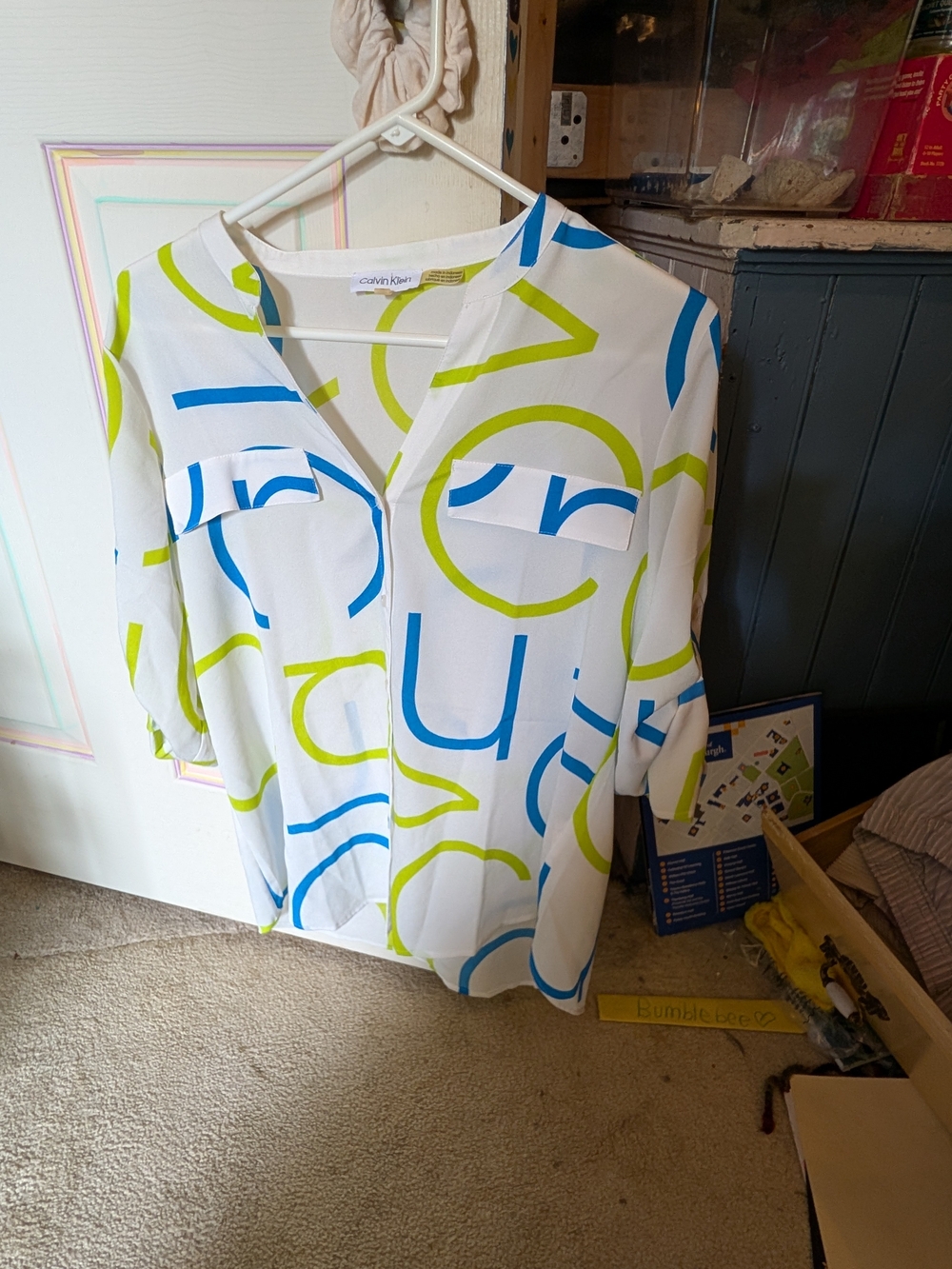 Calvin Klein White Tunic with Blue & Lime Graphic Print
